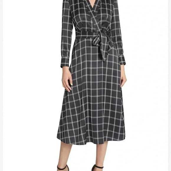 Tahari ASL Women's Long Sleeve Surplus Windowpane Tie Waist Shirt Dress - Picture 3 of 7